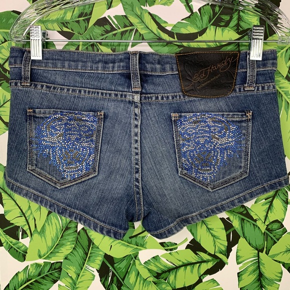 Y2K Ed Hardy Jean Short Shorts Size 27 Rhinestone Tiger Low Rise Daisy Dukes - Picture 4 of 11